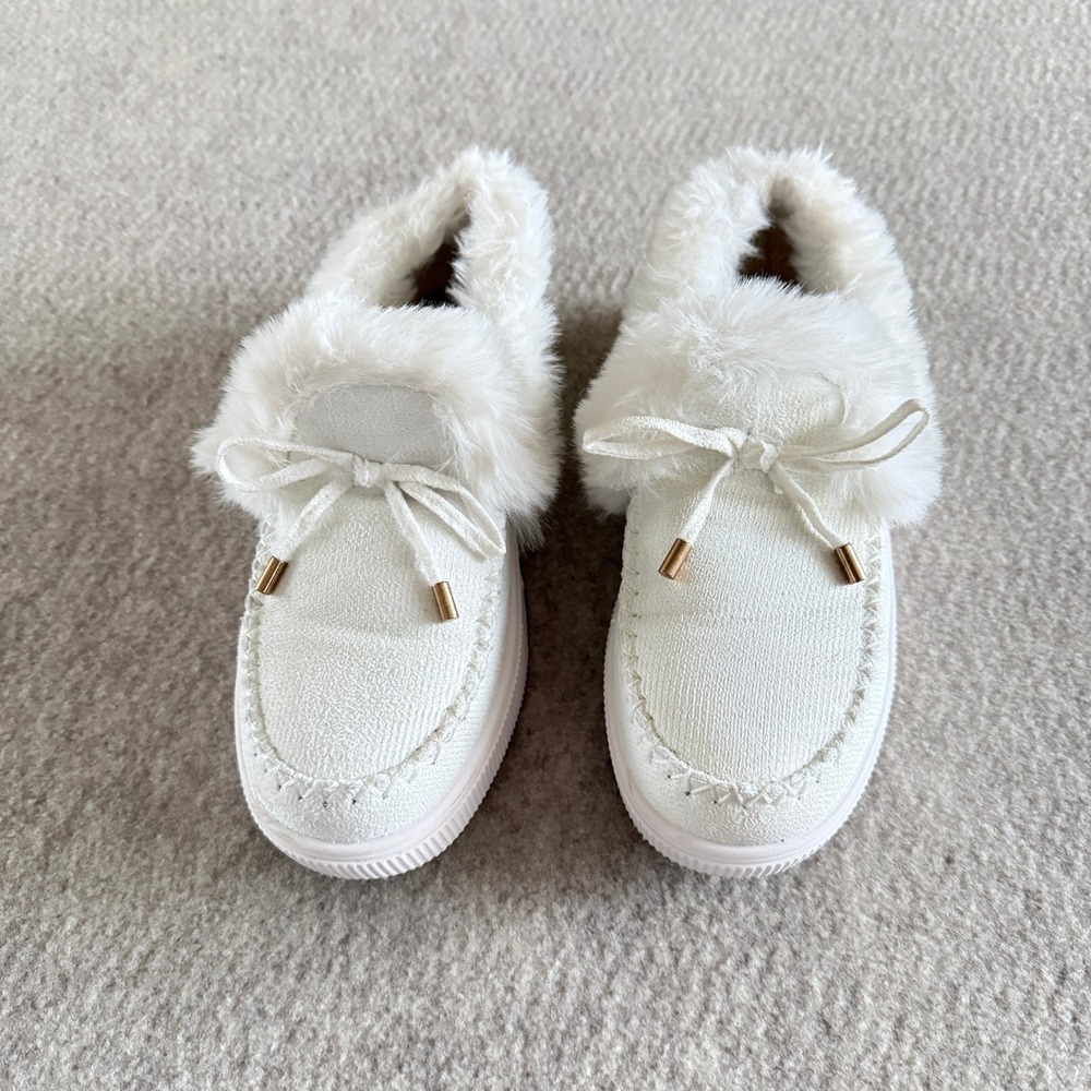 White Faux Fur Lined Moccasin Loafers Platform Slip On Shoes Size 38